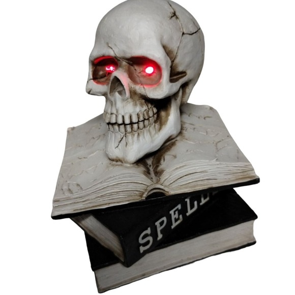 Skull on Books Halloween Decor Light Up Eyes Spell Book Spooky Prop - Picture 1 of 10
